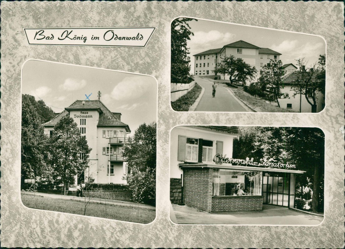 vergrößern: Bildseite historische Ansichtskarte von 1964: 3 Bild Odenwaldsanatorium Eingang:: Bad König