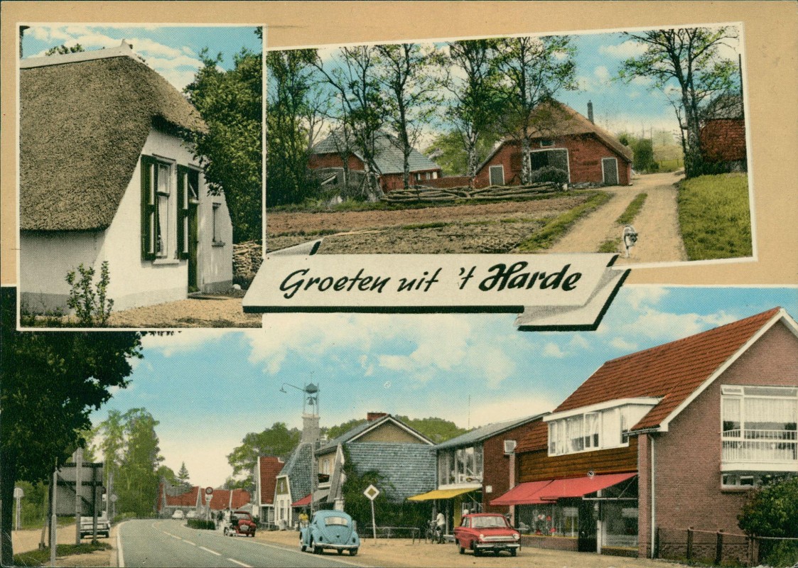 vergrößern: Bildseite historische Ansichtskarte von 1976: 3 Bild Bauernhäuser, Straße VW Käfer:: ’t Harde