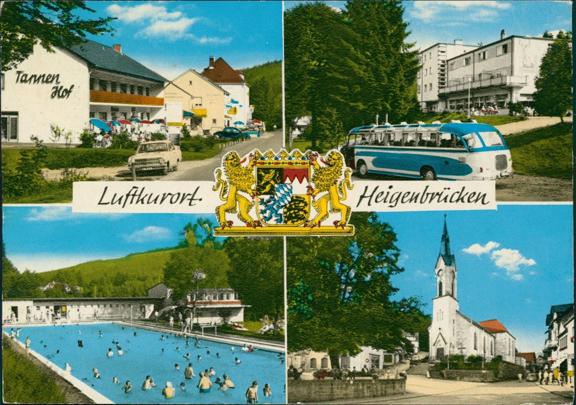 vergrößern: Bildseite historische Ansichtskarte von 1978: MB: Hotels Schwimmbad Kirche:: Heigenbrücken