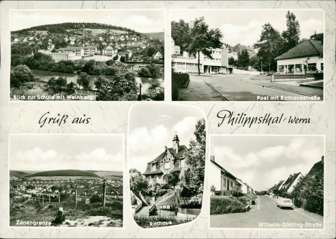 vergrößern: Bildseite historische Ansichtskarte von 1975: Post Rathausstraße Philippsthal Straße Werra MB:: Philippsthal