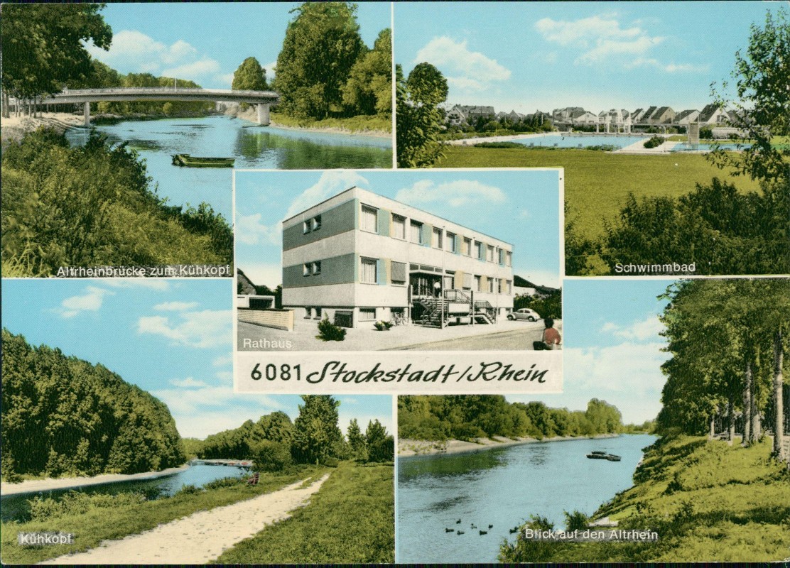 zoom: Image side vintage Postcard from 1978: 5 Bild Umland Schwimmbad Rathaus:: Stockstadt am Rhein