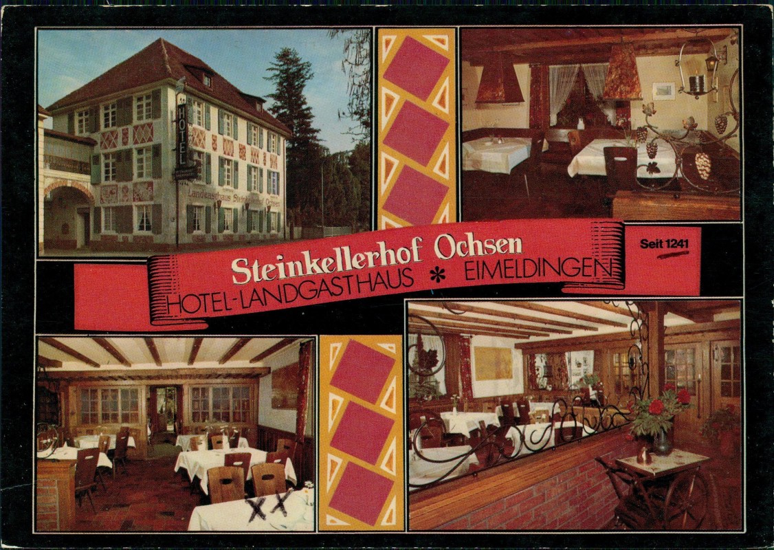 vergrößern: Bildseite historische Ansichtskarte von 1973: Mehrbild Steinkellerhof Ochsen:: Eimeldingen