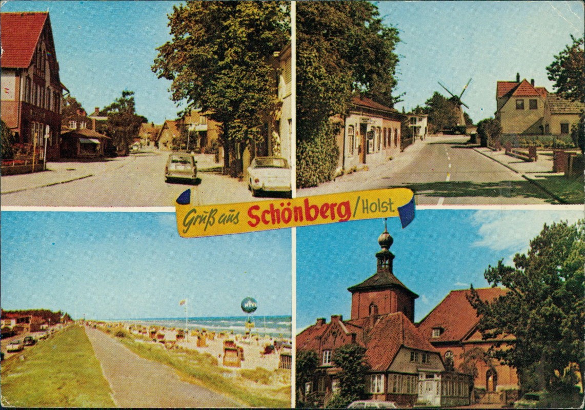 zoom: Image side vintage Postcard from 1985: 4 Bild Straße Windmühle Strand:: Schönberg (Holstein)