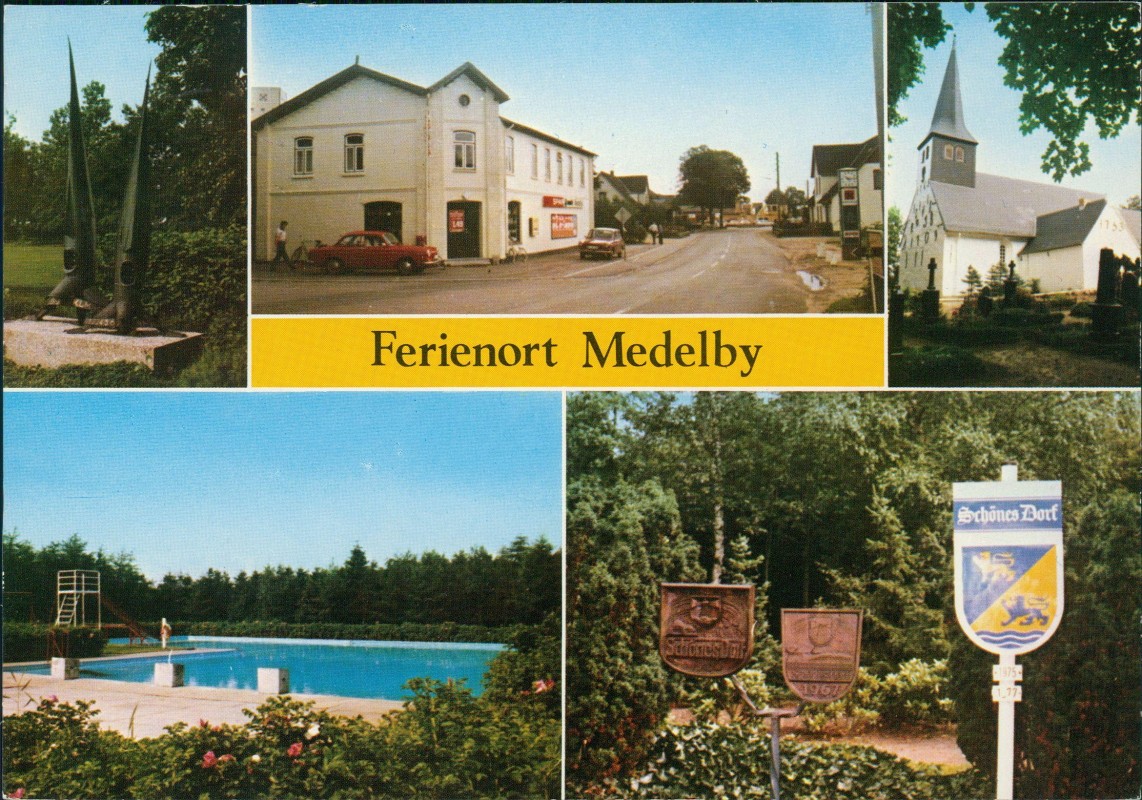 zoom: Image side vintage Postcard from 1980: Straße, Ortseingang, Schwimmbad, Spar-Markt:: Medelby-Schafflund