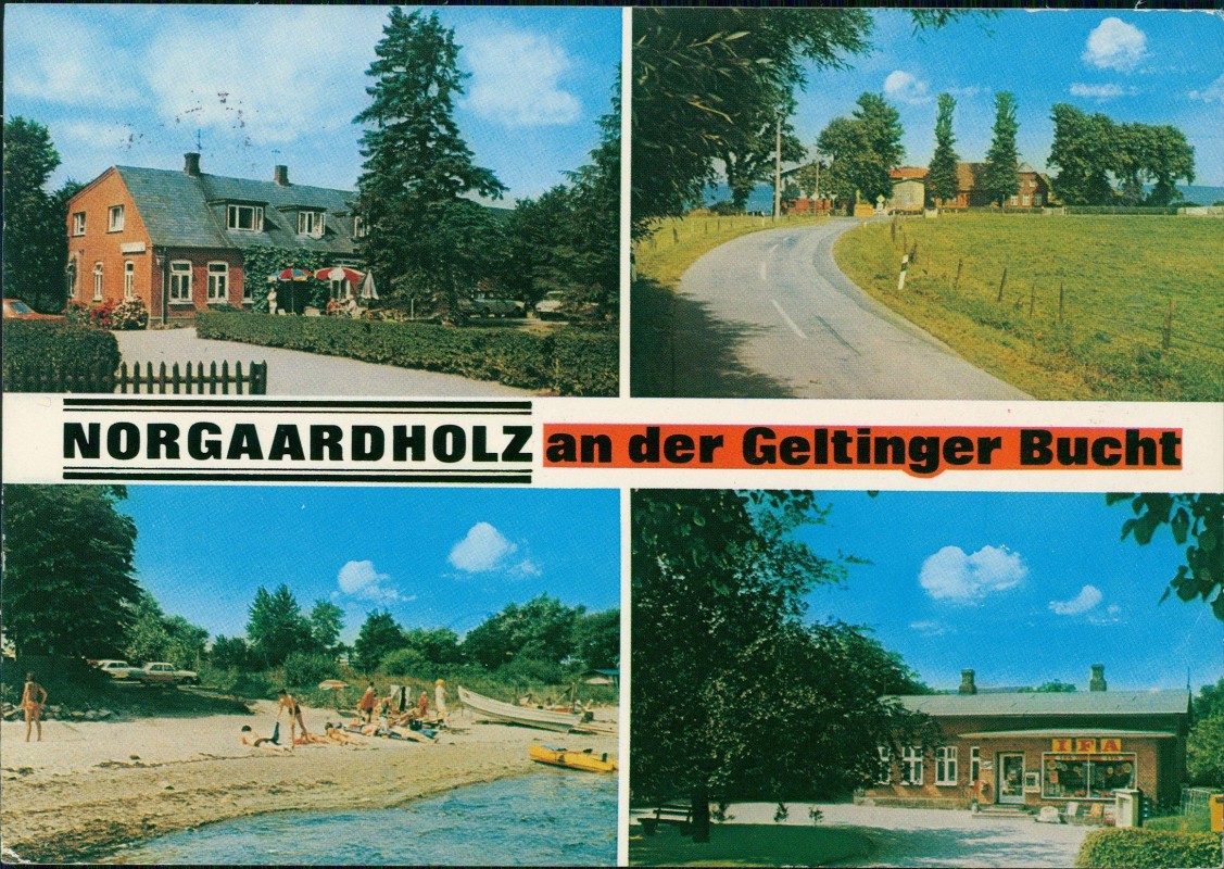 zoom: Image side vintage Postcard from 1974: Mehrbild Straße Geschäft Strand:: Norgaardholz-Steinberg