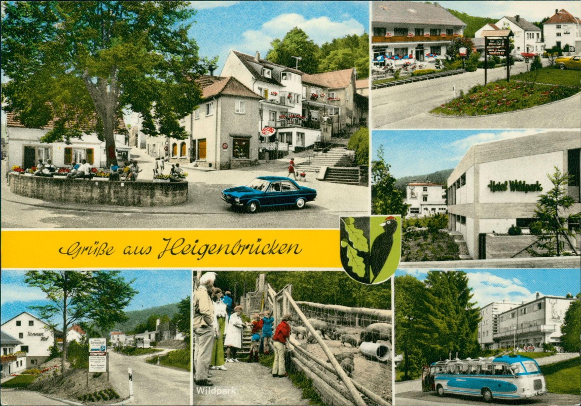 vergrößern: Bildseite historische Ansichtskarte von 1974: Mehrbild Wildpark, Bus, Plätze, Straße:: Heigenbrücken