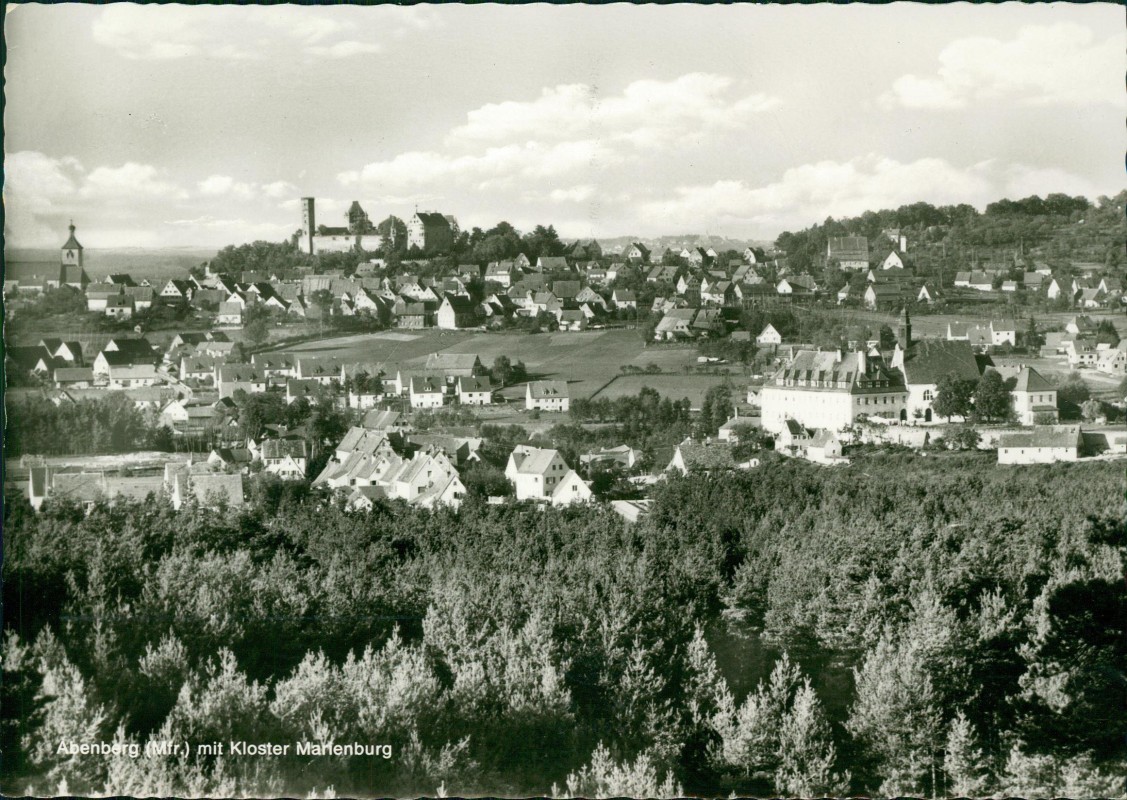 vergrößern: Bildseite historische Ansichtskarte von 1965: Stadt mit Kloster Marienburg:: Abenberg