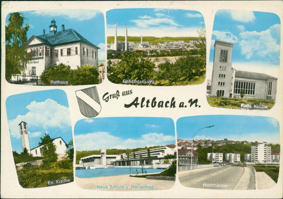vergrößern: Bildseite historische Ansichtskarte von 1970: Rathaus Hochhhäuser Fabrik Mehrbild:: Altbach am Neckar