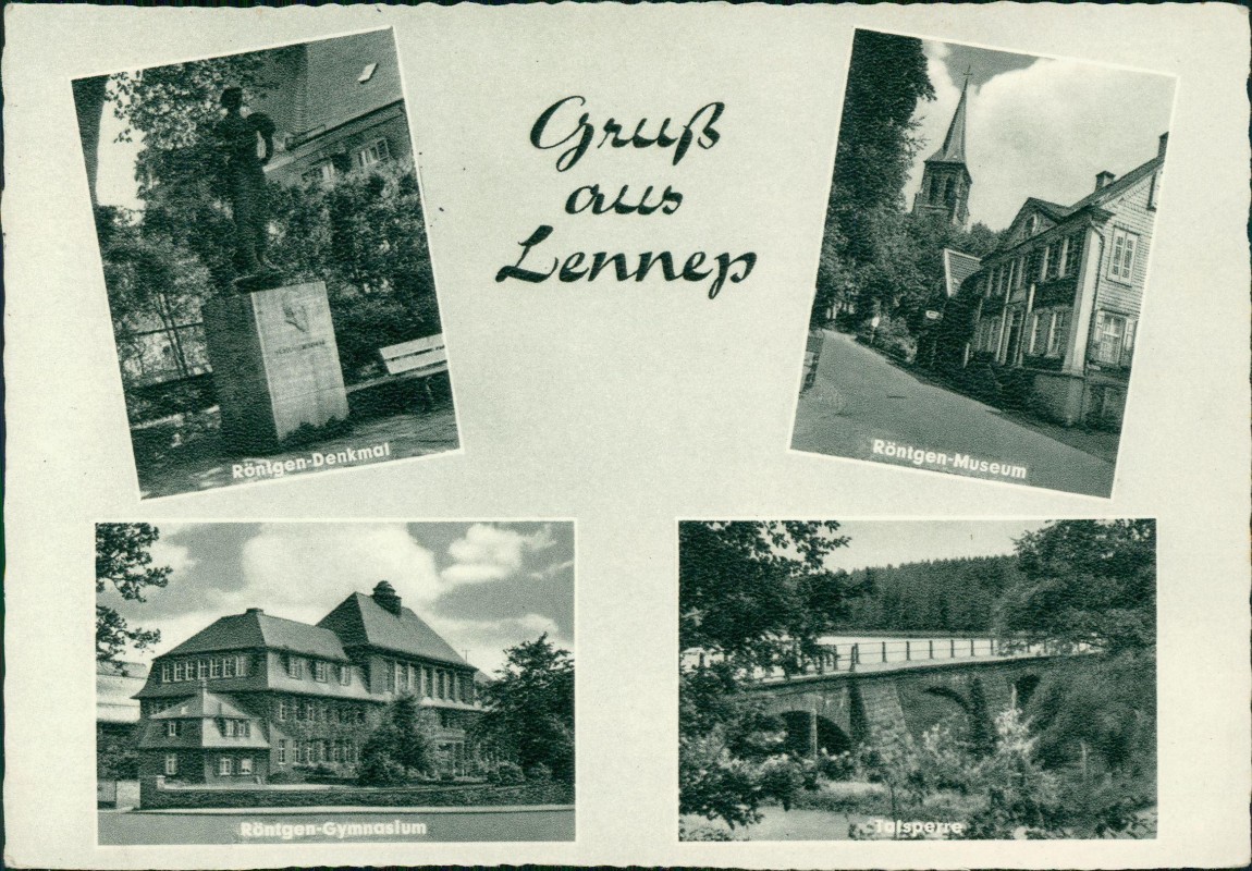vergrößern: Bildseite historische Ansichtskarte von 1964: Röntgen-Museum Röntgen-Denkmal MB:: Lennep-Remscheid