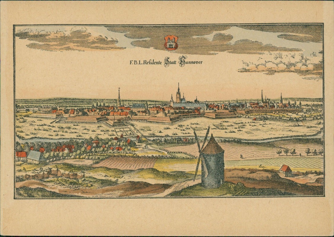 vergrößern: Bildseite historische Ansichtskarte von 1654: REPRO Stich nach Merian:: Hannover