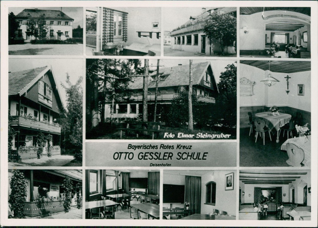 vergrößern: Bildseite historische Ansichtskarte von 1963: OTTO GESSLER SCHULE MB mit Innenansichten:: Deisenhofen b. München-Oberhaching