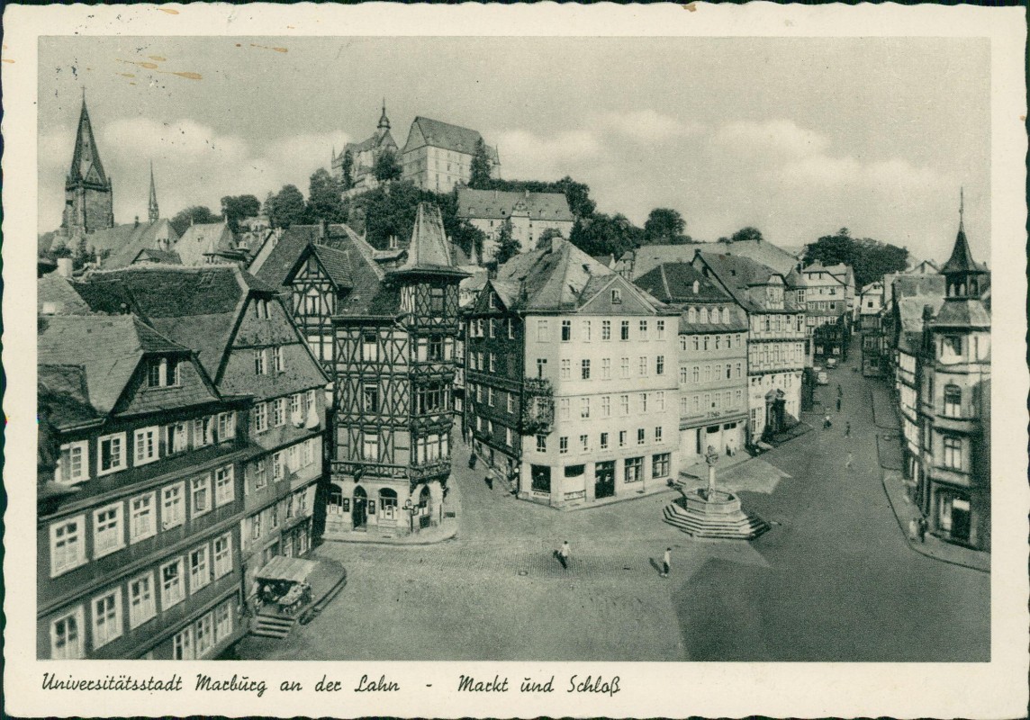 vergrößern: Bildseite historische Ansichtskarte von 1954: Markt und Schloß:: Marburg an der Lahn