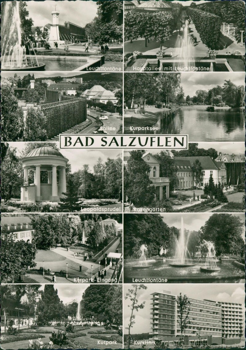 vergrößern: Bildseite historische Ansichtskarte von 1963: Saline Kurparksee Leopoldsprudel Rosengarten:: Bad Salzuflen