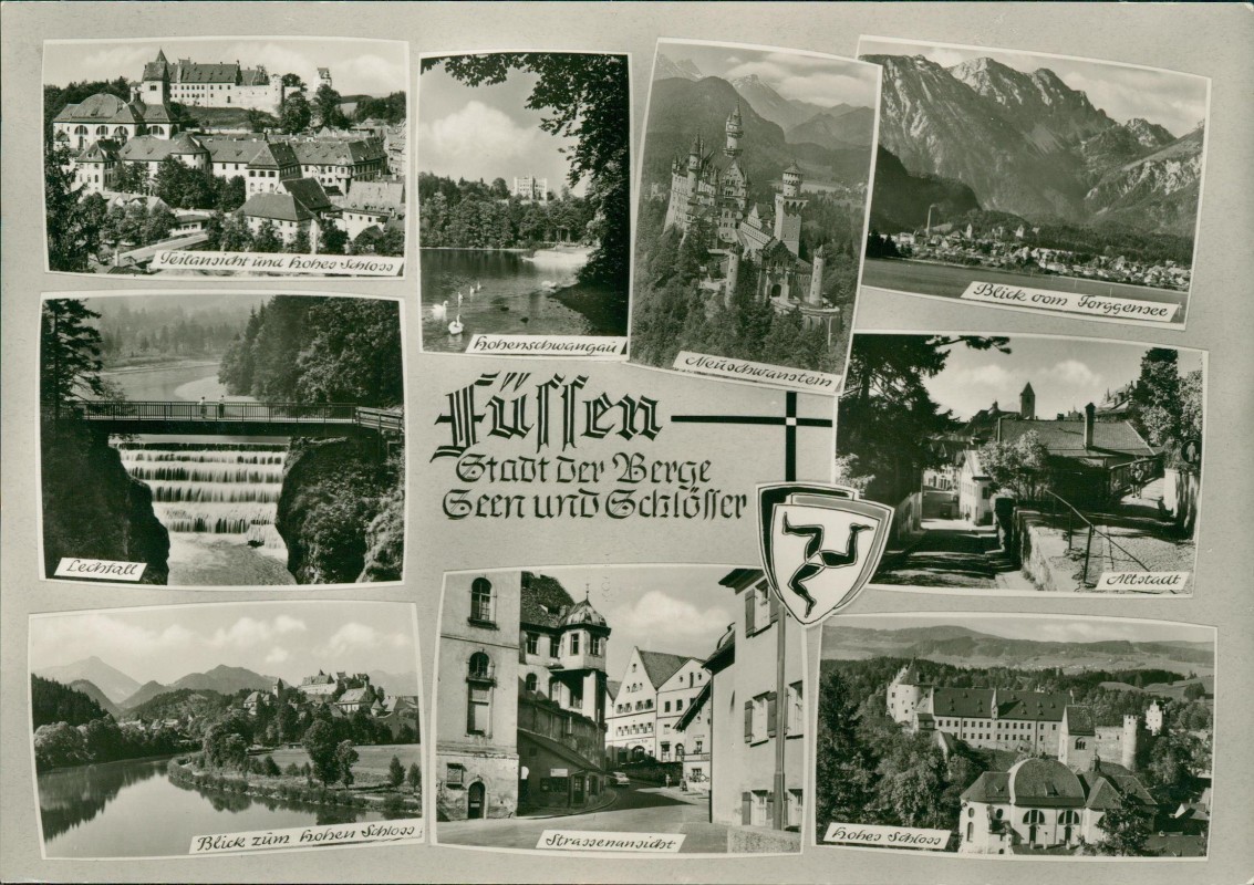vergrößern: Bildseite historische Ansichtskarte von 1968: Mehrbildkarte Stadt und Umland:: Füssen