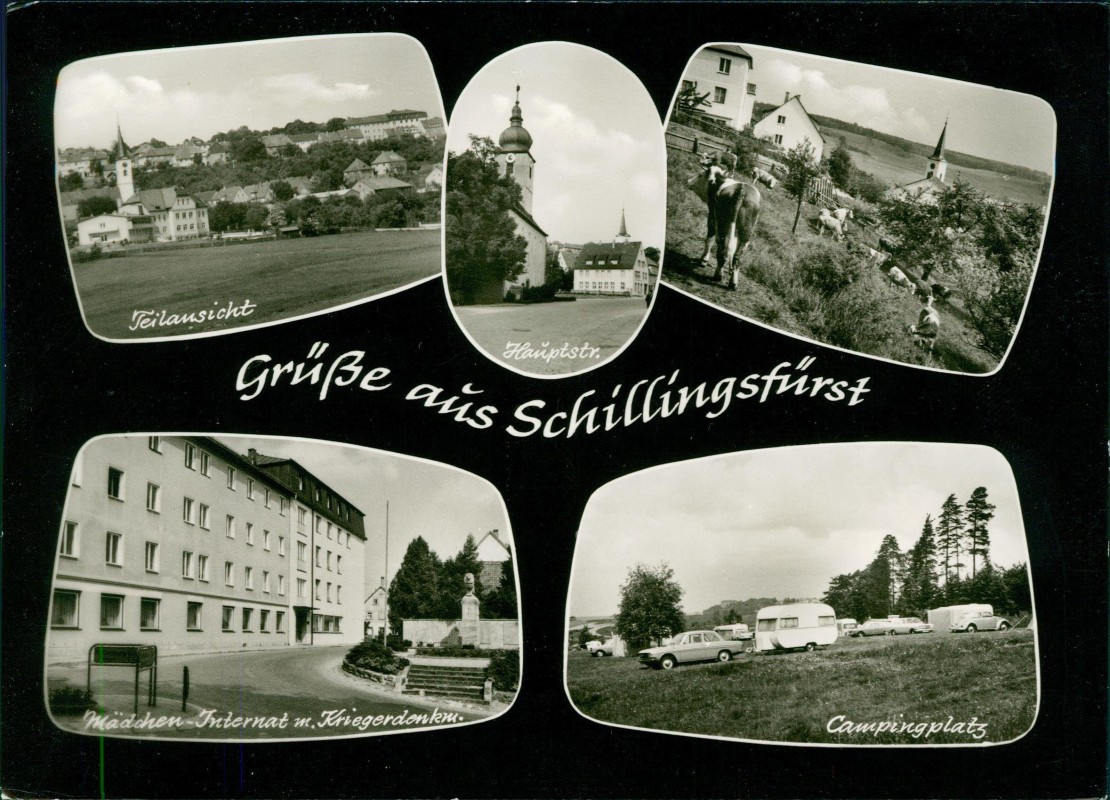 vergrößern: Bildseite historische Ansichtskarte von 1968: Teilansicht Hauptstr. Internat Campingplatz:: Schillingsfürst