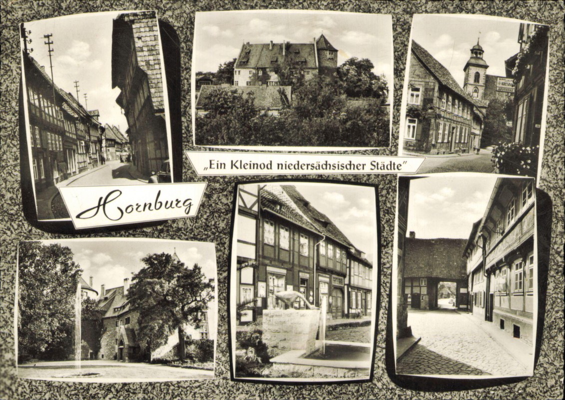 vergrößern: Bildseite historische Ansichtskarte von 1970: Straßen und Fachwerkhäuser:: Hornburg