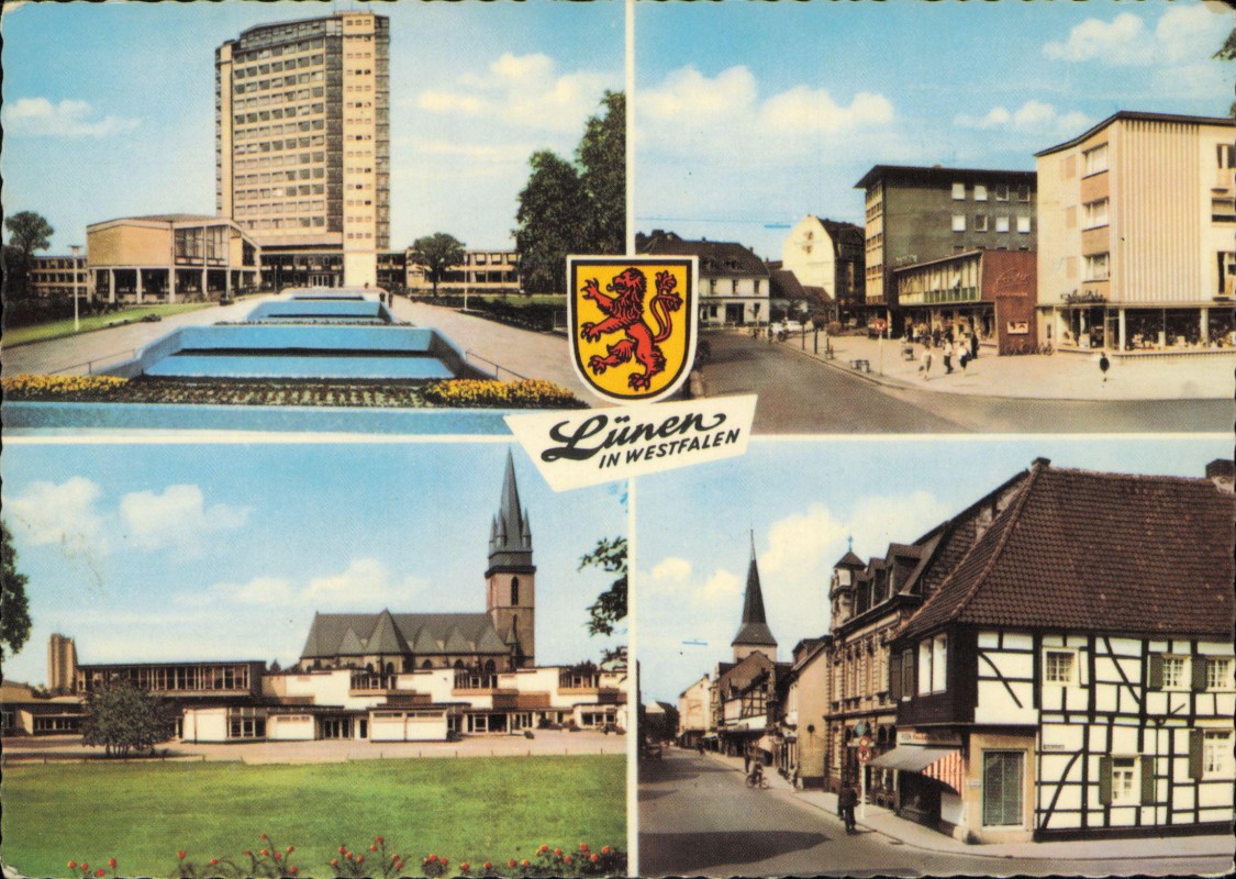 vergrößern: Bildseite historische Ansichtskarte von 1974: 4 Bild Straße Hochhaus Fachwerkhäuser:: Lünen (Westfalen)