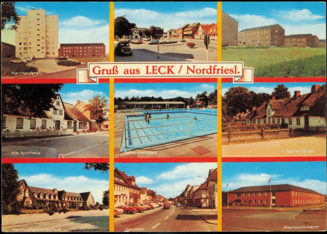vergrößern: Bildseite historische Ansichtskarte von 1978: Neubauten Karrharderstraße Schwimmbad MB:: Leck (Nordfriesland)