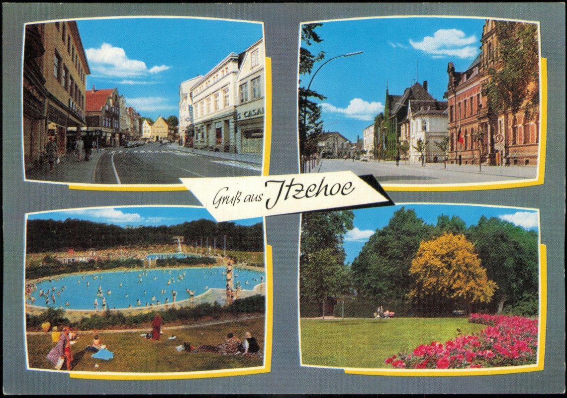 vergrößern: Bildseite historische Ansichtskarte von 1981: 4 Bild Breite Straße Viktoria Straße Freibad:: Itzehoe