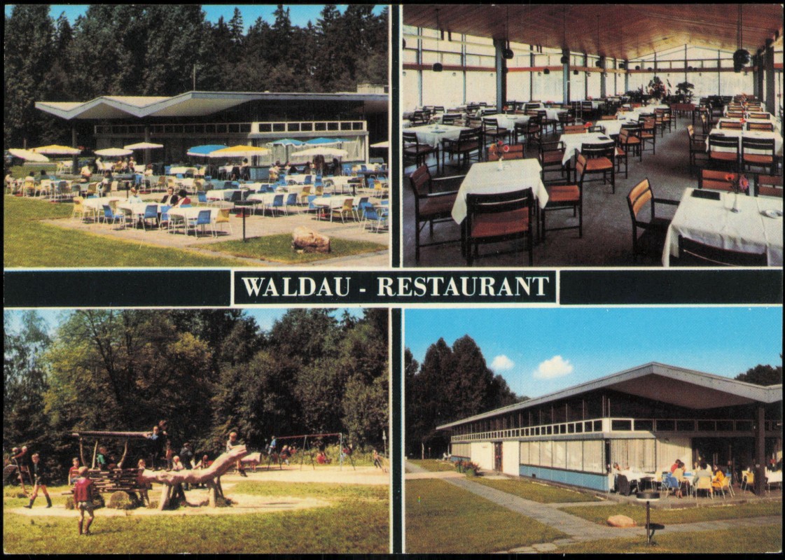 vergrößern: Bildseite historische Ansichtskarte von 1977: Waldrestaurant Waldau Gastraum Spielplatz:: Venusberg-Bonn
