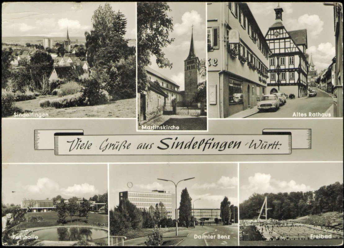 vergrößern: Bildseite historische Ansichtskarte von 1967: Mehrbild Daimler Benz Festhalle Schwimmbad:: Sindelfingen
