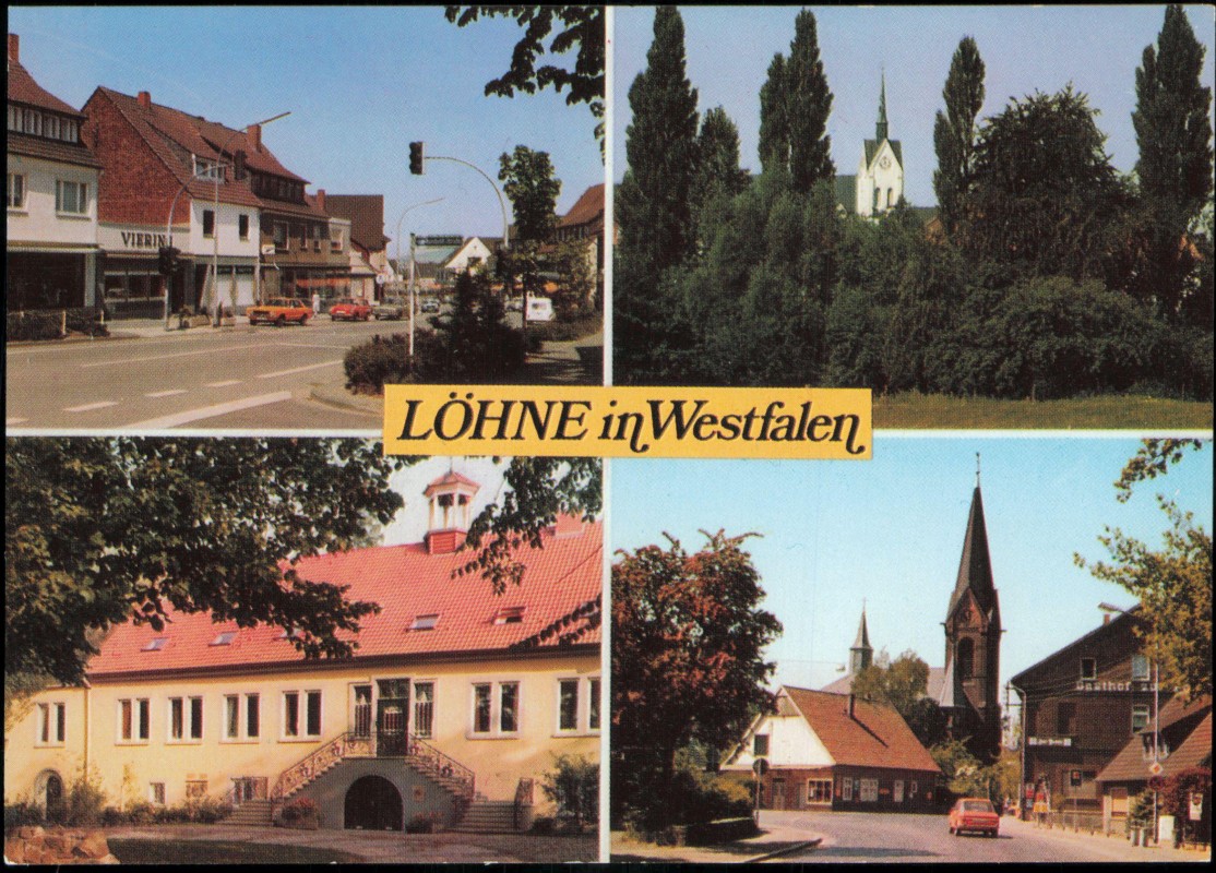 vergrößern: Bildseite historische Ansichtskarte von 1974: Westfalen Königstraße Kirche Mahnen Haus:: Löhne
