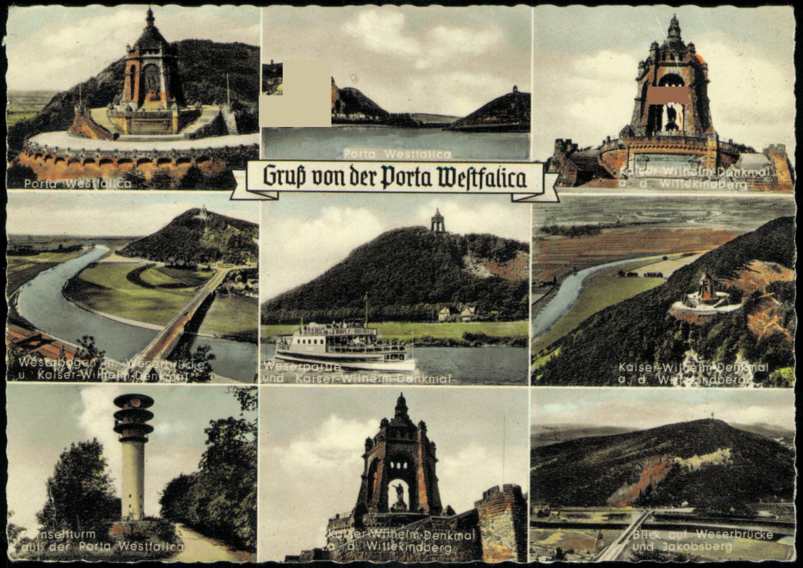 vergrößern: Bildseite historische Ansichtskarte von 1969: Mehrbild Denkmal UKW-Turm Schiff:: Porta Westfalica