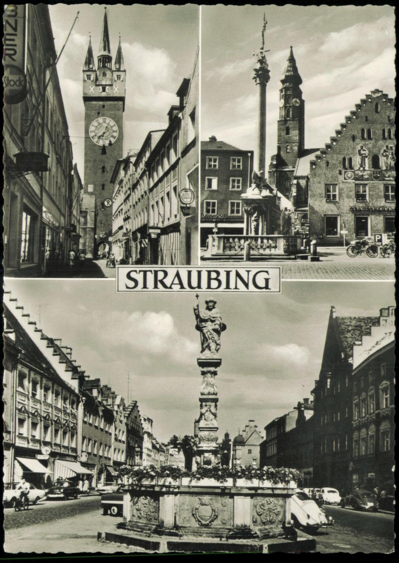 vergrößern: Bildseite historische Ansichtskarte von 1965: 3 Bild Markt Brunnen Auto:: Straubing