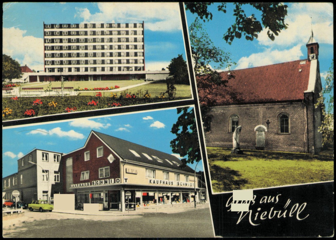vergrößern: Bildseite historische Ansichtskarte von 1969: 3 Bild Kaufhaus Schmidt Hochhaus:: Niebüll