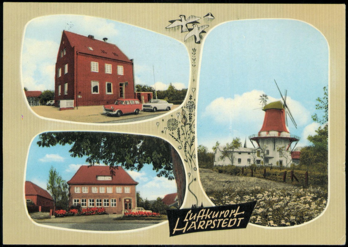 vergrößern: Bildseite historische Ansichtskarte von 1977: 3 Bild Gebäude Windmühle:: Harpstedt