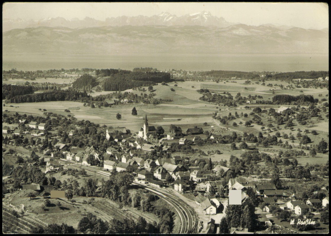 vergrößern: Bildseite historische Ansichtskarte von 1965: Luftbild mit Alpen:: Oberreitnau-Lindau (Bodensee)