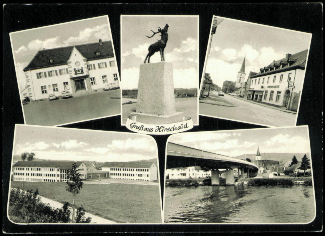 vergrößern: Bildseite historische Ansichtskarte von 1956: 5 Bild Brücke Denkmal Straßen:: Hirschaid