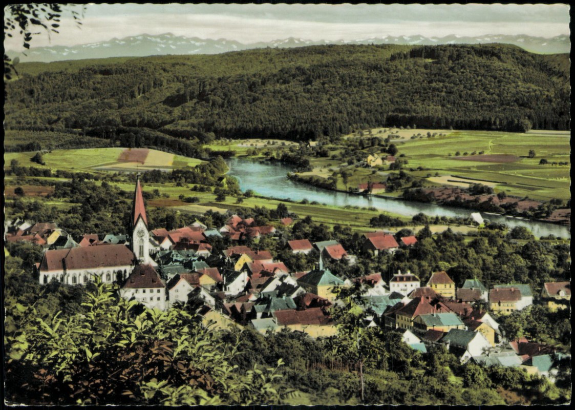 vergrößern: Bildseite historische Ansichtskarte von 1962: Blick auf die Stadt - Colorfotokarte:: Gailingen am Hochrhein