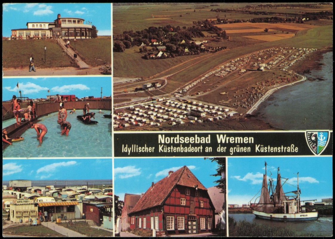vergrößern: Bildseite historische Ansichtskarte von 1982: MB Luftbild Schwimmbad Zeltplatz:: Wremen