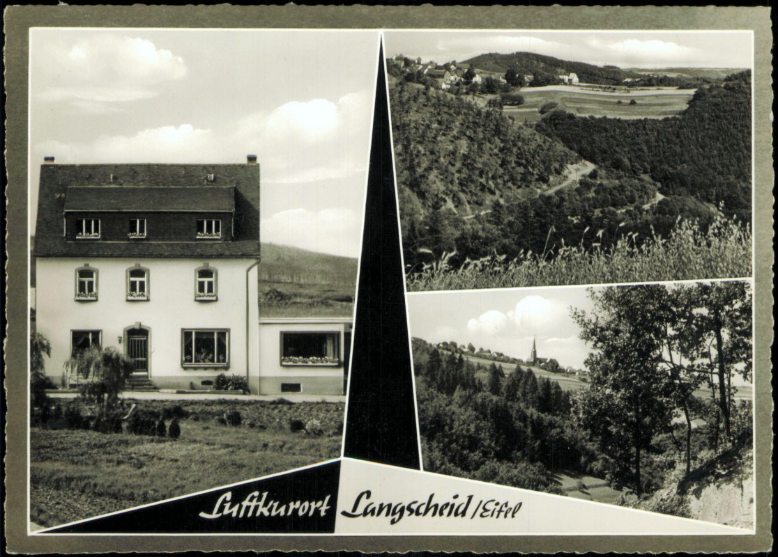 vergrößern: Bildseite historische Ansichtskarte von 1971: Stadtteilansichten 3 Bild Pension Krupp:: Langscheid Eifel-Mayen