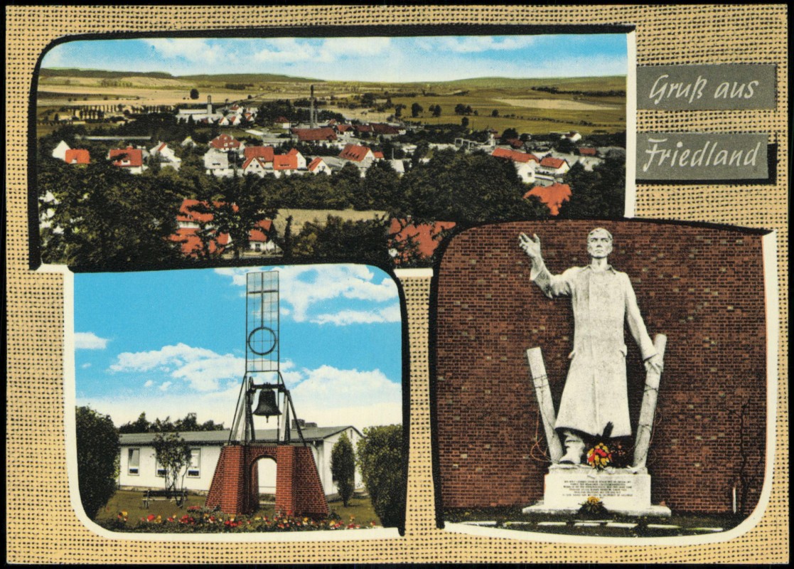 vergrößern: Bildseite historische Ansichtskarte von 1971: 3 Bild Stadt, Kirche und Denkmal:: Friedland (Niedersachsen)