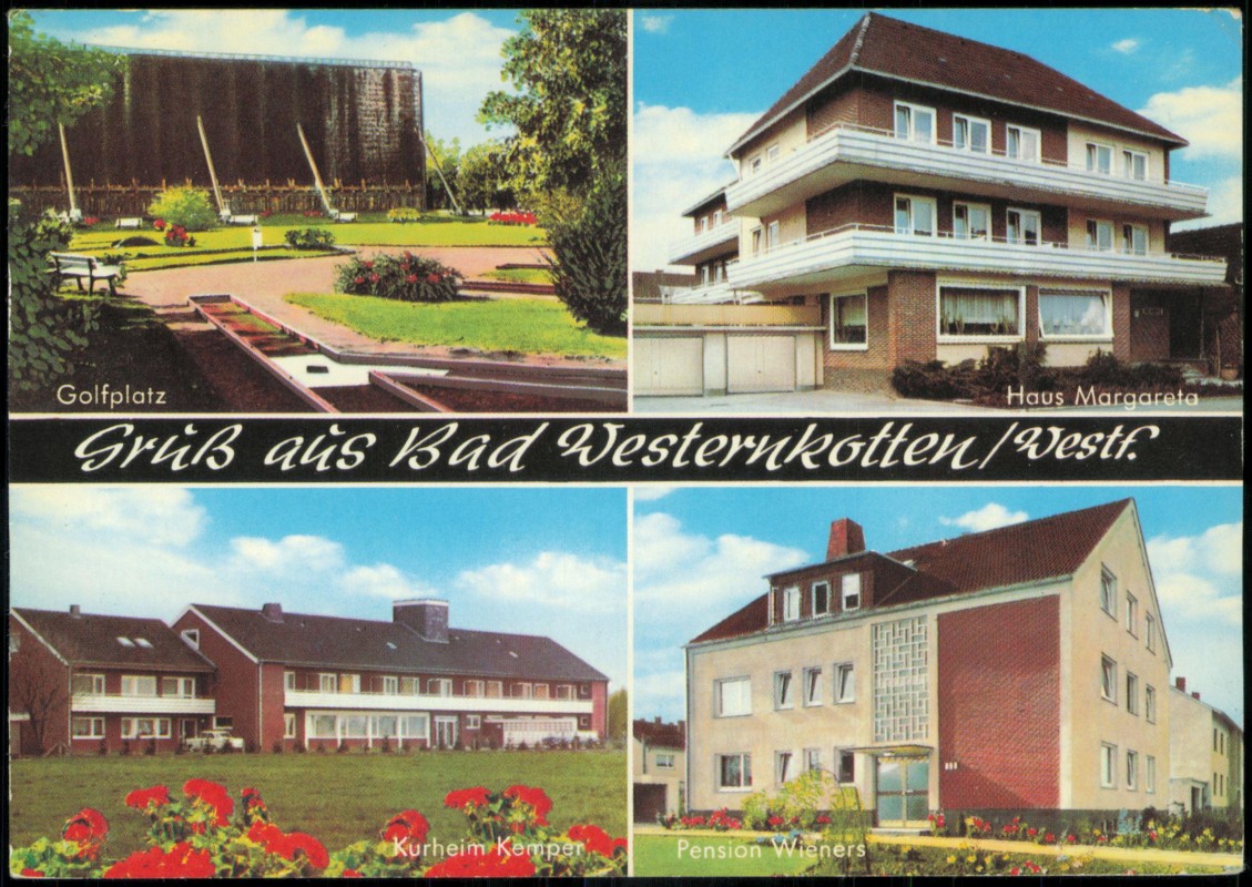vergrößern: Bildseite historische Ansichtskarte von 1973: 4 Bild Minigolf Haus Margareta Pension Wieners:: Bad Westernkotten-Erwitte