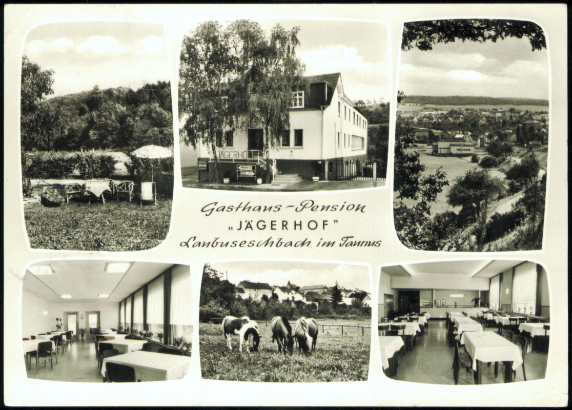 vergrößern: Bildseite historische Ansichtskarte von 1972: Gasthaus-Pension JAGERHOF Mehrbildkarte:: Laubuseschbach-Weilmünster (Taunus)