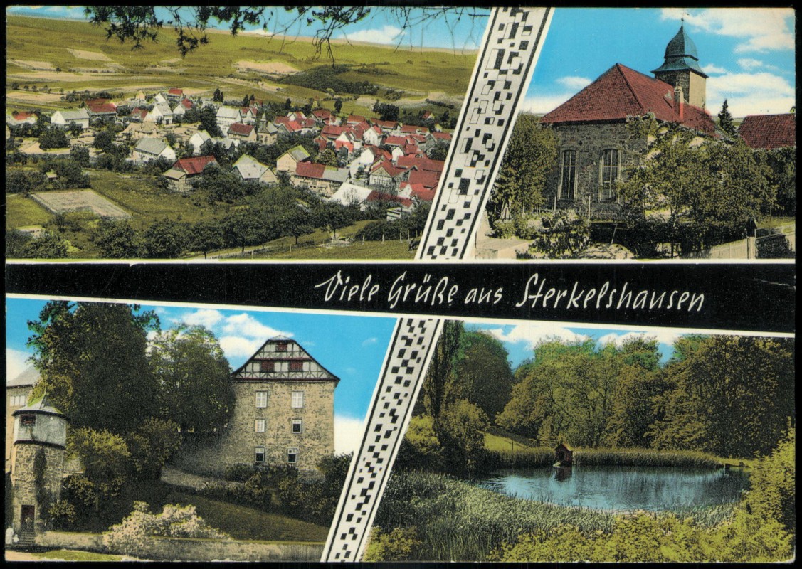 vergrößern: Bildseite historische Ansichtskarte von 1971: 4 Bild Stadt, Kirche, Teich:: Sterkelshausen