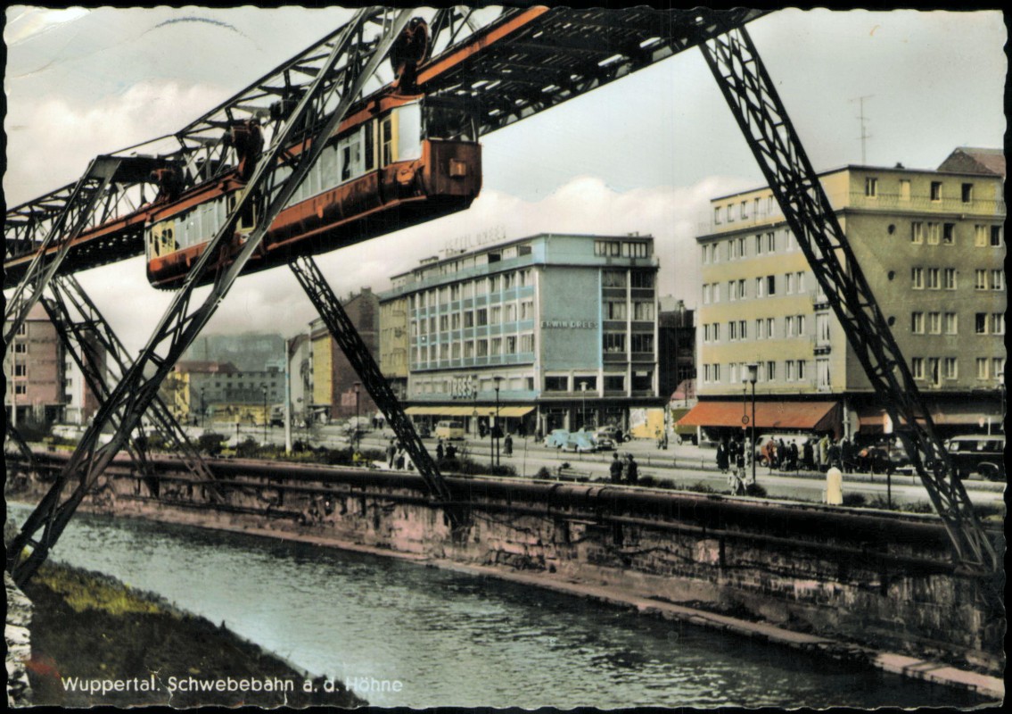 vergrößern: Bildseite historische Ansichtskarte von 1956: Schwebebahn a. d. Höhne Colorfotokarte:: Wuppertal