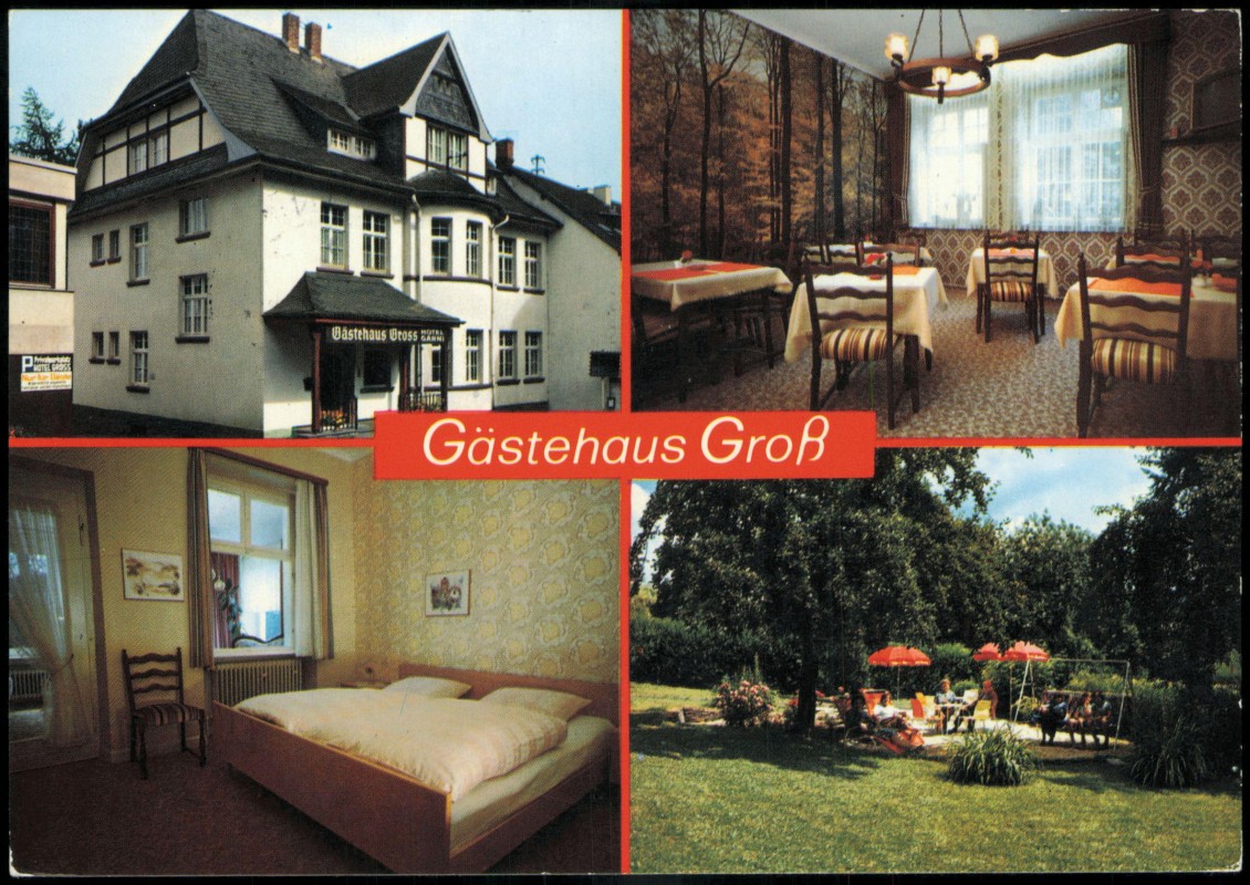 vergrößern: Bildseite historische Ansichtskarte von 1977: Gästehaus Groß-Hotel garni 4 Bild Gastraum:: Daun Eifel