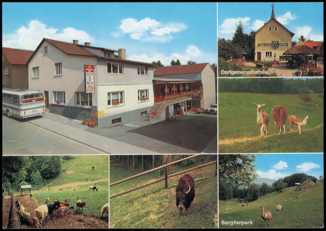 vergrößern: Bildseite historische Ansichtskarte von 1976: 5 Bild Speisegaststätte Schorch:: Erlenbach (Odenwald)-Erbach (Odenwald)