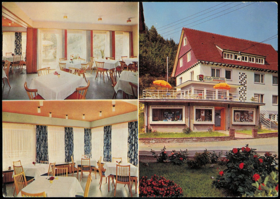 vergrößern: Bildseite historische Ansichtskarte von 1967: 3 Bild Hotel-Pension Semmel Gastraum:: Bad Rippoldsau-Schapbach