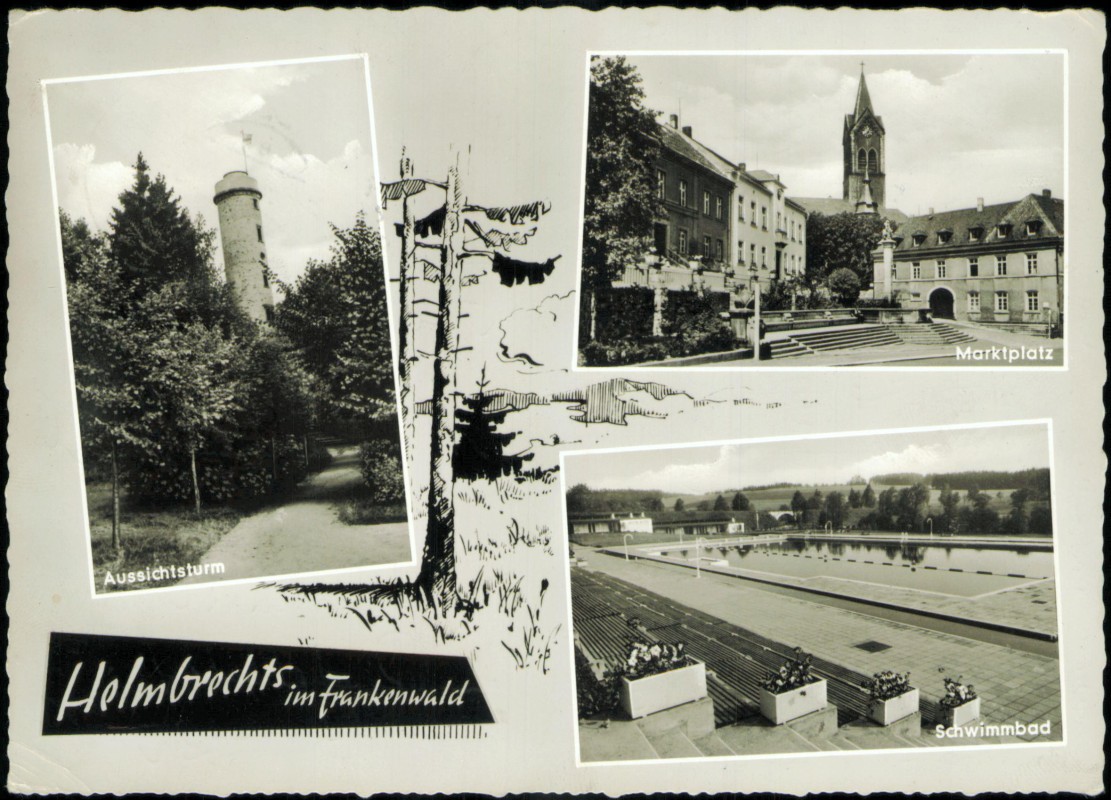 vergrößern: Bildseite historische Ansichtskarte von 1968: Marktplatz, Schwimmbad u. Aussichtsturm:: Helmbrechts