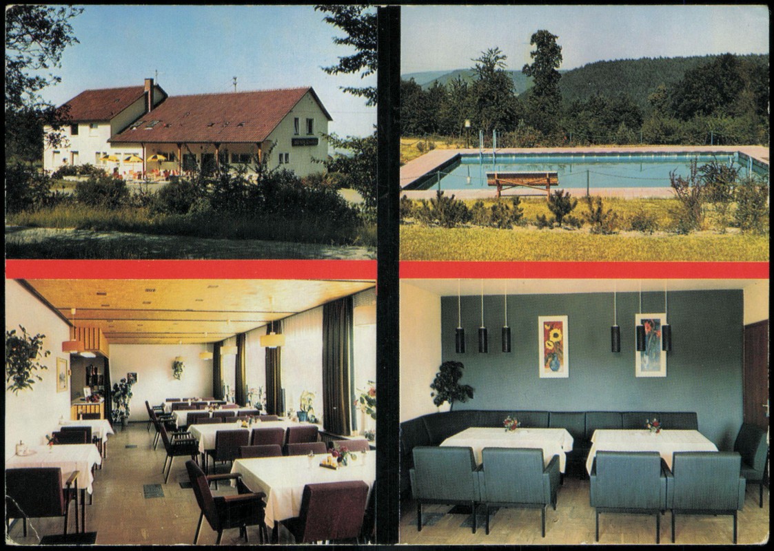 vergrößern: Bildseite historische Ansichtskarte von 1969: DAG-Heim Gleichen 4 Bild Schwimmbad Speiseraum:: Pfedelbach