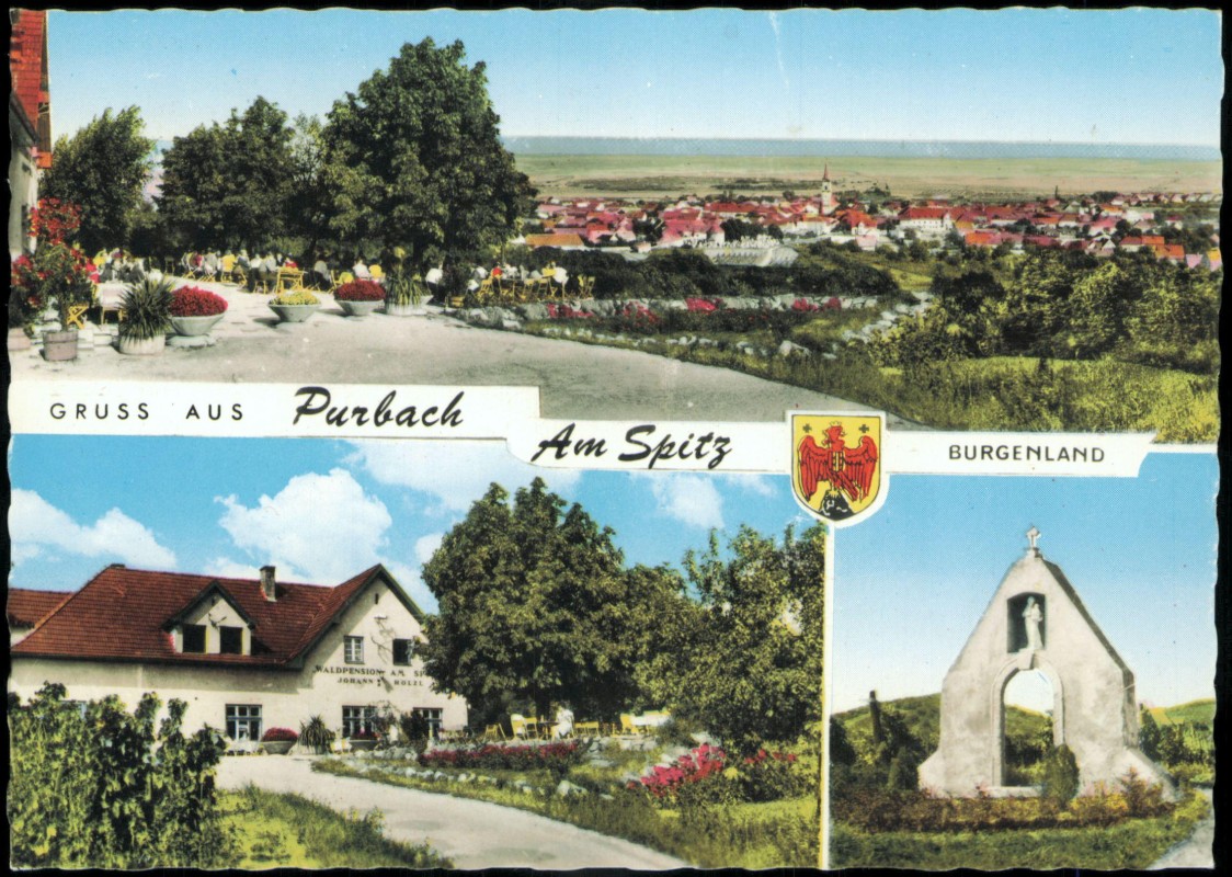 vergrößern: Bildseite historische Ansichtskarte von 1960: 3 Bild Gasthof Jesuskreuz:: Purbach am Spitz