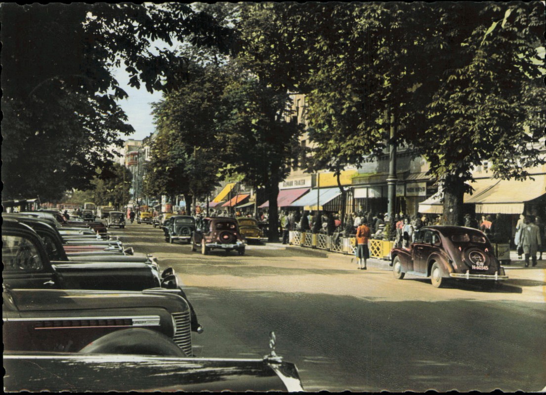 vergrößern: Bildseite historische Ansichtskarte von 1957: Königsallee schwarze Autos Colorfotokarte:: Düsseldorf