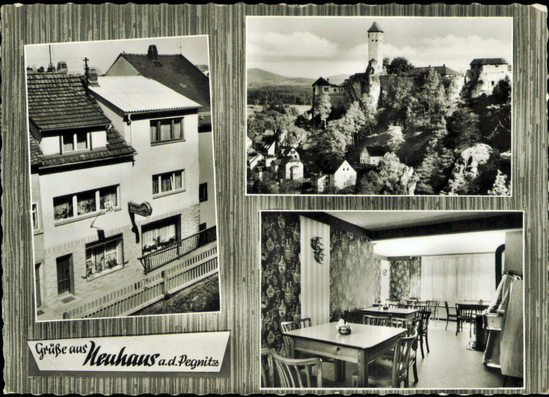 vergrößern: Bildseite historische Ansichtskarte von 1968: Cafe Wolf - 3 Bild Gaststube:: Neuhaus an der Pegnitz