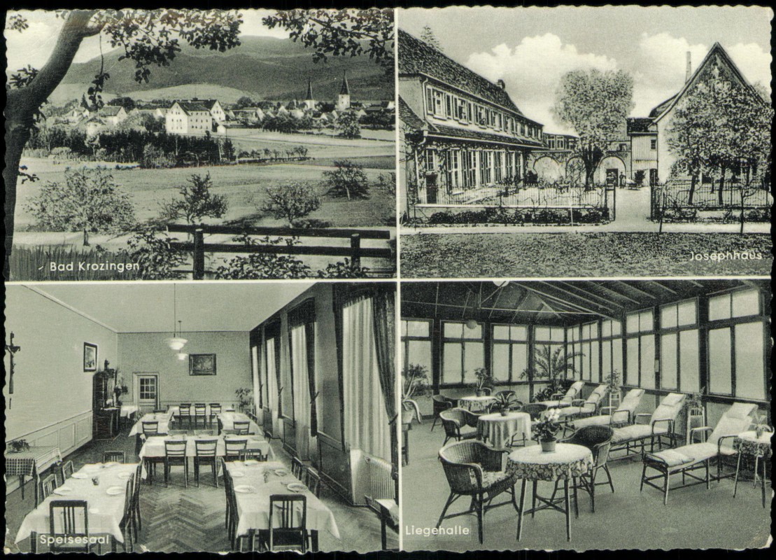 vergrößern: Bildseite historische Ansichtskarte von 1963: Josephhaus Speiseraum Liegehalle:: Bad Krozingen