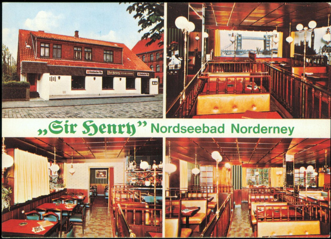 vergrößern: Bildseite historische Ansichtskarte von 1973: Speiserestaurant Sir Henry 4 Bild Gastraum:: Norderney